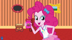 Size: 1920x1080 | Tagged: safe, alternate version, derpibooru import, edit, edited screencap, screencap, pinkie pie, human, equestria girls, g4, blue's clues, female, handy dandy notebook, paw print, room, sidetable drawer, solo, thinking chair