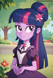 Size: 832x1216 | Tagged: safe, ai content, derpibooru import, generator:pony diffusion v6 xl, generator:stable diffusion, machine learning generated, twilight sparkle, human, equestria girls, g4, 19th century, clothes, dress, noble, park, prompter:kimberlite