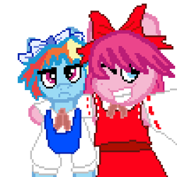 Size: 400x400 | Tagged: safe, artist:alumina nitride, derpibooru import, pinkie pie, rainbow dash, g4, cirno, clothes, cosplay, costume, digital art, duo, female, hakurei reimu, mare, pixel-crisp art, simple background, touhou, transparent background