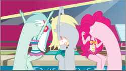 Size: 923x525 | Tagged: safe, derpibooru import, edit, edited screencap, screencap, derpy hooves, lyra heartstrings, pinkie pie, better together, equestria girls, g4, i'm on a yacht, clothes, faceless female, female, object head, offscreen character, surreal, swimming pool, swimsuit, trio, trio female, two-piece swimsuit