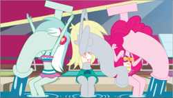 Size: 921x522 | Tagged: safe, artist:polorenzielephant, derpibooru import, edit, edited screencap, screencap, derpy hooves, lyra heartstrings, pinkie pie, human, better together, equestria girls, g4, i'm on a yacht, faucet, female, object head, surreal, swimming pool, trio, trio female, wat, water, wtf