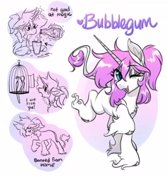 Size: 3879x4096 | Tagged: safe, artist:opalacorn, derpibooru import, oc, oc only, oc:bubblegum, bird, pony, unicorn, birdcage, cage, commission, female, horn, long feather, looking at you, mare, one eye closed, simple background, smiling, smiling at you, solo, white background, wink, winking at you