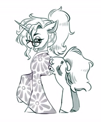 Size: 3379x4096 | Tagged: safe, artist:opalacorn, derpibooru import, oc, oc only, pony, unicorn, clothes, female, glasses, grayscale, horn, lidded eyes, looking at you, mare, monochrome, shirt, simple background, smiling, smiling at you, solo, white background