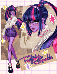 Size: 1172x1500 | Tagged: safe, artist:callimara, derpibooru import, sci-twi, twilight sparkle, equestria girls, g4, blouse, clothes, collage, glasses, ponytail, skirt, solo