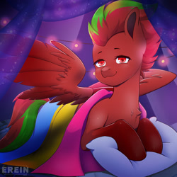 Size: 2000x2000 | Tagged: safe, alternate version, artist:erein, derpibooru import, oc, oc only, oc:lucky flame, pegasus, pony, alternate character, bedroom, commission, ears up, flag, garland, high res, indoors, lgbt, looking at you, male, multicolored hair, multicolored tail, night, pansexual, pansexual pride flag, pegasus oc, pillow, pride, pride flag, pride month, red eyes, red fur, room, smiling, smiling at you, solo, spread wings, string lights, tail, wings, ych result