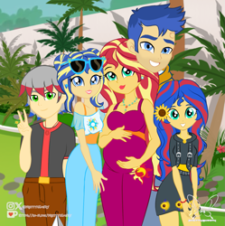 Size: 1491x1498 | Tagged: safe, artist:gisbelleart, derpibooru import, flash sentry, sunset shimmer, oc, oc:silver quick sentry shimmer, oc:summer sky sentry shimmer, oc:sunflower sentry shimmer, equestria girls, g4, family, female, flashimmer, flower, male, offspring, older flash sentry, older sunset, older sunset shimmer, parent:flash sentry, parent:sunset shimmer, parents:flashimmer, pregnant, shipping, straight, sunflower, sunset preggers