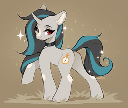 Size: 3337x2818 | Tagged: safe, artist:sugarstar, derpibooru import, oc, oc only, oc:smoky spectre, pony, unicorn, butt, choker, coat markings, collar, colored pinnae, facial markings, grass, horn, leg markings, long hair, looking at you, looking back, looking back at you, plot, raised hoof, raised leg, red eyes, simple background, solo, sparkles, sparkly mane, sparkly tail, standing, stripe (coat marking), tail, tan background