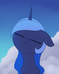 Size: 1674x2090 | Tagged: safe, artist:dusthiel, derpibooru import, princess luna, pony, g4, :3, atg 2024, bust, ears, eyes closed, floppy ears, newbie artist training grounds, solo