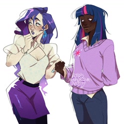 Size: 1680x1688 | Tagged: safe, artist:marshiroart, derpibooru import, rarity, twilight sparkle, human, g4, belt, blushing, boob window, clothes, dark skin, duo, duo female, ear piercing, earring, eyeshadow, female, holding hands, humanized, jewelry, lesbian, lipstick, makeup, nail polish, pants, piercing, rarilight, shipping, shirt, simple background, skirt, sweater, white background