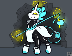 Size: 3850x2975 | Tagged: safe, artist:boundbrush, derpibooru import, pony, robot, robot pony, unicorn, :3, blush sticker, blushing, boots, broken wall, deltarune, female, glowing, glowing horn, high res, horn, levitation, magic, mare, plug tail, ponified, shoes, solo, species swap, tasque manager, telekinesis, whip