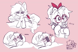 Size: 3000x2000 | Tagged: safe, artist:cuiicie, derpibooru import, oc, oc only, oc:strawberry splash, pegasus, bed, bow, chopsticks, cup noodles, female, food, glasses, hair bow, noodles, phone, solo