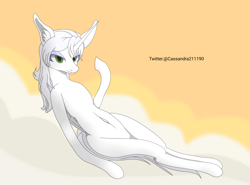 Size: 2700x2000 | Tagged: safe, artist:cassandra211190, derpibooru import, oc, oc:κασσάνδρα, alicorn, pony, alicorn oc, belly, belly button, cloud, eyeshadow, green eyes, horn, long legs, makeup, on a cloud, thin, white coat, wings