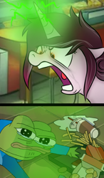 Size: 700x1200 | Tagged: safe, artist:pizzamovies, derpibooru import, oc, oc only, oc:rosa maledicta, unicorn, equestria at war mod, crying, female, horn, magic, magic aura, mare, meme, pepe the frog, this will end in death, this will end in tears, this will end in tears and/or death, yelling