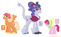 Size: 1290x789 | Tagged: safe, artist:sarahbearquartz, derpibooru import, oc, oc only, oc:butterfly scotch, oc:highty mighty, oc:pink pearl, draconequus, earth pony, hybrid, pegasus, pony, bandana, base used, bonnet, draconequus oc, female, flower, flower in hair, freckles, interspecies offspring, magical gay spawn, magical lesbian spawn, male, mare, offspring, parent:apple bloom, parent:big macintosh, parent:discord, parent:fluttershy, parent:hoity toity, parent:sweetie belle, parents:fluttermac, parents:hoitycord, parents:sweetiebloom, shawl, signature, simple background, stallion, white background