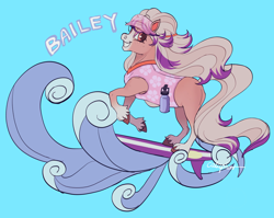 Size: 2048x1629 | Tagged: safe, artist:calaphort, derpibooru import, horse, bailey (wild manes), barely pony related, clothes, freckles, grin, light blue background, one-piece swimsuit, rearing, signature, simple background, smiling, solo, surfboard, surfing, swimsuit, tail, unshorn fetlocks, visor cap, water, water bottle, wave, wild manes