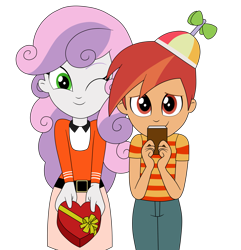 Size: 1833x1905 | Tagged: safe, artist:eagc7, derpibooru import, button mash, sweetie belle, human, equestria girls, g4, alternate clothes, chocolate, digital art, duo, duo male and female, equestria girls-ified, female, food, heart, holiday, looking at you, male, offering, one eye closed, shipping, shy, simple background, smiling, straight, sweetiemash, transparent background, valentine's day, wink