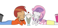 Size: 2101x1001 | Tagged: safe, artist:eagc7, derpibooru import, button mash, sweetie belle, human, equestria girls, g4, digital art, drink, drinking, drinking glass, drinking straw, duo, duo male and female, equestria girls-ified, eyes closed, female, glass, lying down, male, milkshake, on ground, sharing a drink, shipping, simple background, straight, sweetiemash, white background