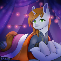 Size: 2000x2000 | Tagged: safe, alternate version, artist:erein, derpibooru import, oc, oc only, oc:littlepip, pony, unicorn, fallout equestria, alternate character, bedroom, clothes, commission, commissioner:solar aura, ears up, female, flag, garland, green eyes, high res, horn, indoors, jumpsuit, lesbian, lesbian pride flag, lgbt, looking at you, night, pillow, pride, pride flag, pride month, room, smiling, smiling at you, solo, string lights, tail, unicorn oc, ych result