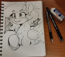 Size: 2048x1803 | Tagged: safe, artist:thelunarmoon, derpibooru import, derpy hooves, pegasus, pony, g4, chest fluff, cute, derp, derpabetes, eraser, eyebrows, eyebrows visible through hair, female, grin, mare, mechanical pencil, pen, pen drawing, sketchbook, smiling, solo, thelunarmoon is trying to murder us, traditional art