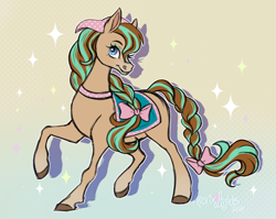 Size: 1532x1220 | Tagged: safe, artist:arorixlights, derpibooru import, horse, 2024, bandana, barely pony related, bow, cocoa (wild manes), gradient background, hair bow, raised hoof, raised leg, saddle, signature, smiling, solo, sparkles, starry eyes, tack, tail, tail bow, unshorn fetlocks, wild manes, wingding eyes