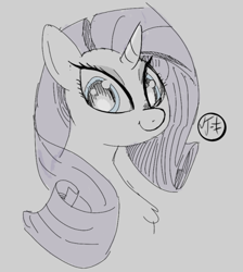 Size: 670x747 | Tagged: artist needed, safe, derpibooru import, rarity, pony, unicorn, big mane, bust, cute, female, gray background, horn, looking at you, mare, raribetes, signature, simple background, solo