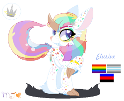 Size: 516x424 | Tagged: safe, artist:nightlightapocalypse, artist:selenaede, derpibooru import, oc, oc only, oc:elusive, original species, base used, big ears, blue eyes, body freckles, claws, curved horn, demiboy pride flag, ear freckles, ears, eyebrow slit, eyebrows, eyeshadow, fangs, freckles, gay pride flag, head turn, horn, leg fluff, leg freckles, makeup, multicolored hair, polyamory pride flag, pride, pride flag, rainbow hair, raised claw, simple background, solo, transparent background