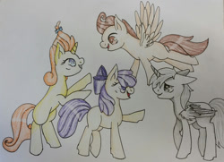 Size: 1024x743 | Tagged: safe, derpibooru import, cream puff, pound cake, pumpkin cake, oc, oc:crescent, alicorn, earth pony, pegasus, pony, unicorn, g4, bow, brother and sister, cake twins, colt, creambetes, cute, female, filly, foal, fraternal twins, group, horn, male, ocbetes, older, older cream puff, older pound cake, older pumpkin cake, poundabetes, pumpkinbetes, quartet, siblings, traditional art, twins