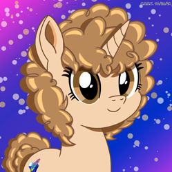 Size: 1980x1986 | Tagged: safe, artist:codenamekid, derpibooru import, oc, oc only, oc:sapphire g. quill, pony, unicorn, curly hair, curly mane, eyelashes, female, gem, gradient background, highlights, horn, looking at you, mare, quill, shading, smiling, smiling at you, solo