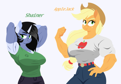 Size: 3711x2580 | Tagged: safe, artist:isaac_pony, derpibooru import, applejack, oc, oc:shainer shrapnel shock, anthro, earth pony, unicorn, g4, apple, applejacked, breasts, canon x oc, clothes, duo, duo female, female, food, freckles, hat, horn, lineless, long mane, muscles, muscular female, shirt, simple background, t-shirt, text, transparent background, vector