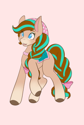 Size: 1365x2048 | Tagged: safe, artist:mscolorsplash, derpibooru import, horse, bandana, bow, cocoa (wild manes), female, hair bow, mare, open mouth, open smile, pink background, raised hoof, raised leg, saddle, simple background, smiling, solo, tack, tail, tail bow, unshorn fetlocks, wild manes