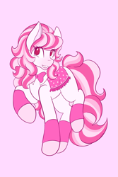 Size: 1365x2048 | Tagged: safe, artist:mscolorsplash, derpibooru import, horse, bow, candi (wild manes), female, grin, mare, pink background, raised hoof, raised leg, saddle, simple background, smiling, solo, tack, tail, wild manes