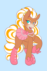 Size: 1365x2048 | Tagged: safe, artist:mscolorsplash, derpibooru import, horse, beauty mark, bow, cherie (wild manes), choker, female, hoof shoes, jewelry, light blue background, mare, necklace, open mouth, open smile, raised hoof, raised leg, saddle, simple background, smiling, solo, tack, tail, wild manes