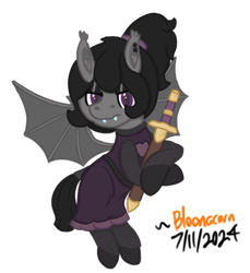 Size: 368x402 | Tagged: safe, artist:bloonacorn, derpibooru import, oc, oc only, bat pony, armor, bat pony oc, chainmail, clothes, dress, ear piercing, piercing, ponytail, simple background, solo, sword, transparent background, weapon