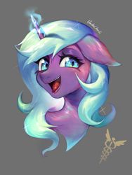 Size: 1080x1440 | Tagged: safe, artist:unclechai, derpibooru import, radiant hope, crystal pony, pony, unicorn, g4, blue eyes, blue mane, female, gray background, horn, magic, simple background, smiling