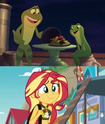 Size: 824x970 | Tagged: safe, derpibooru import, edit, edited screencap, editor:questphillips, screencap, sunset shimmer, frog, human, better together, equestria girls, forgotten friendship, g4, 20th century, crossover, disney, disney princess, equestria girls specials, food, love, naveen, prince naveen, princess tiana, smiling, sunset shimmer's beach shorts swimsuit, the princess and the frog, tiana