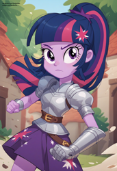 Size: 1664x2432 | Tagged: safe, ai content, derpibooru import, generator:pony diffusion v6 xl, generator:stable diffusion, machine learning generated, twilight sparkle, human, equestria girls, g4, armor, breasts, female, fight, knight, medieval, prompter:kimberlite, sand, solo