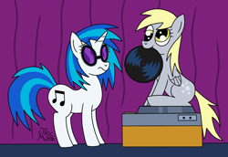 Size: 800x550 | Tagged: safe, artist:jay muniz, derpibooru import, derpy hooves, dj pon-3, vinyl scratch, pegasus, pony, unicorn, duo, duo female, female, glasses, goggles, horn, mouth hold, record, sitting, turntable