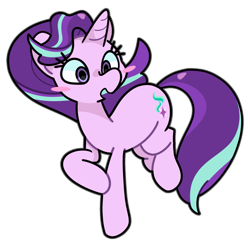 Size: 900x881 | Tagged: safe, artist:kindakismet, derpibooru import, starlight glimmer, pony, unicorn, g4, blush sticker, blushing, female, horn, mare, open mouth, raised hoof, raised leg, simple background, solo, transparent background