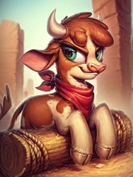 Size: 1200x1600 | Tagged: safe, ai content, derpibooru import, machine learning generated, arizona cow, cow, them's fightin' herds, bandana, community related, rope, solo