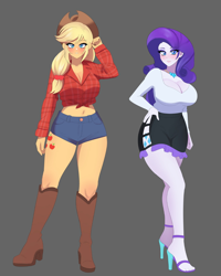 Size: 1280x1600 | Tagged: safe, artist:masterdestroyzj, derpibooru import, applejack, rarity, human, equestria girls, g4, applerack, belly, belly button, big breasts, blushing, boots, breasts, cleavage, clothes, cutie mark on equestria girl, denim, denim shorts, duo, duo female, female, front knot midriff, gray background, high heels, huge breasts, midriff, png of a jpeg, raritits, shirt, shoes, shorts, simple background