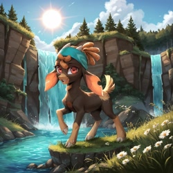 Size: 1440x1440 | Tagged: safe, ai content, derpibooru import, machine learning generated, shanty goat, them's fightin' herds, cliff, community related, prompter needed, solo, sun, water, waterfall