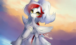 Size: 1410x844 | Tagged: safe, artist:pepelitsa, derpibooru import, oc, oc only, oc:awya lightfeather, pegasus, pony, bandage, female, frown, mare, raised hoof, raised leg, sky, solo