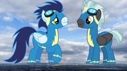 Size: 1920x1080 | Tagged: safe, artist:chainchomp2 edits, derpibooru import, edit, editor:jaredking779, soarin', thunderlane, pegasus, pony, g4, clothes, duo, duo male, folded wings, giant pony, goggles, highrise ponies, irl, macro, male, mountain, photo, ponies in real life, raised hoof, raised leg, scenery, smiling, stallion, story included, uniform, united kingdom, wings, wonderbolts uniform