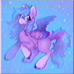 Size: 1500x1500 | Tagged: safe, artist:iridescentclaws, derpibooru import, oc, oc only, oc:lavender dawn, pegasus, pony, g4, female, glittery, gradient hooves, grainy, mare, pastel, purple fur, solo, sparkles, sparkling mane, sparkly, sparkly eyes, sparkly mane, sparkly tail, sparkly wings, stars, tail, unshorn fetlocks, vhs, wingding eyes, wings