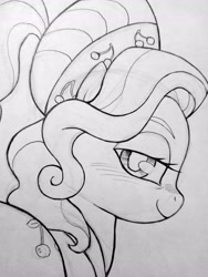 Size: 3072x4096 | Tagged: safe, artist:public mistake, derpibooru import, cherry jubilee, earth pony, pony, bedroom eyes, blushing, female, grayscale, looking at you, looking back, looking back at you, mare, monochrome, pencil drawing, smiling, smiling at you, solo, traditional art, wip