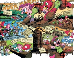 Size: 1013x790 | Tagged: safe, artist:andypriceart, derpibooru import, idw, big macintosh, pinkie pie, alligator, beaver, earth pony, llama, pony, snake, g1, g4, my little pony: the movie, spoiler:comic, spoiler:comic76, bicycle, cha cha, contest, event, food, log, mud, muddy, official comic, penny-farthing, pie, riding, swimming, unicycle