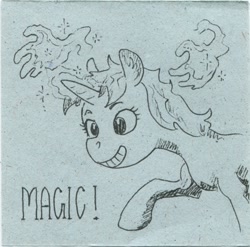 Size: 522x516 | Tagged: safe, artist:adeptus-monitus, derpibooru import, lyra heartstrings, pony, unicorn, grayscale, hand, horn, magic, magic hands, monochrome, smiling, solo, traditional art