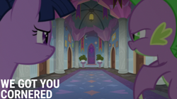 Size: 2000x1125 | Tagged: safe, derpibooru import, edit, edited screencap, editor:quoterific, screencap, spike, twilight sparkle, twilight sparkle (alicorn), alicorn, dragon, pony, g4, season 8, the hearth's warming club, angry, duo, duo male and female, female, male, school of friendship, winged spike, wings