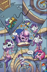 Size: 1014x1559 | Tagged: safe, artist:kate sherron, derpibooru import, idw, applejack, fluttershy, pinkie pie, rainbow dash, rarity, twilight sparkle, alicorn, earth pony, pegasus, pony, unicorn, g4, spoiler:comic, spoiler:comic80, book, crossbow, horn, lasso, magic, official comic, rope, stairs, telekinesis, weapon