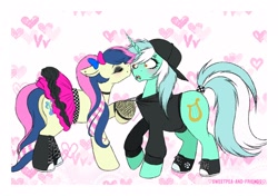 Size: 2048x1444 | Tagged: safe, artist:sweetpea-and-friends, derpibooru import, bon bon, lyra heartstrings, sweetie drops, earth pony, pony, unicorn, g4, alternate hairstyle, backwards ballcap, baseball cap, blushing, bon butt, bow, butt, cap, choker, clothes, coontails, ear piercing, ears back, emo, eyebrow piercing, eyes closed, eyeshadow, female, fishnet clothing, fishnet gloves, gloves, hair bow, hat, hoodie, horn, imminent kissing, lesbian, lip piercing, lyrabon, makeup, mare, marespace, open mouth, piercing, scene, shipping, shoes, skirt, tail, tail wrap, wide eyes